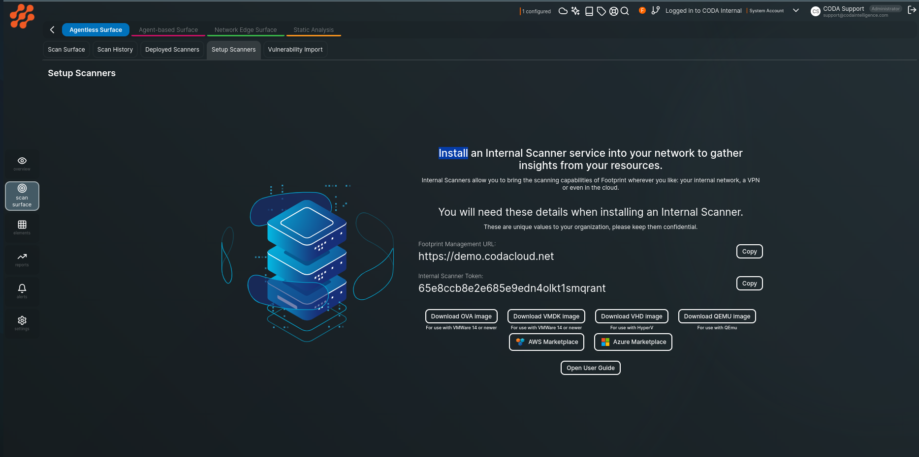 Agentless Scanner Deployment Screen to see token used as password for coda-support account